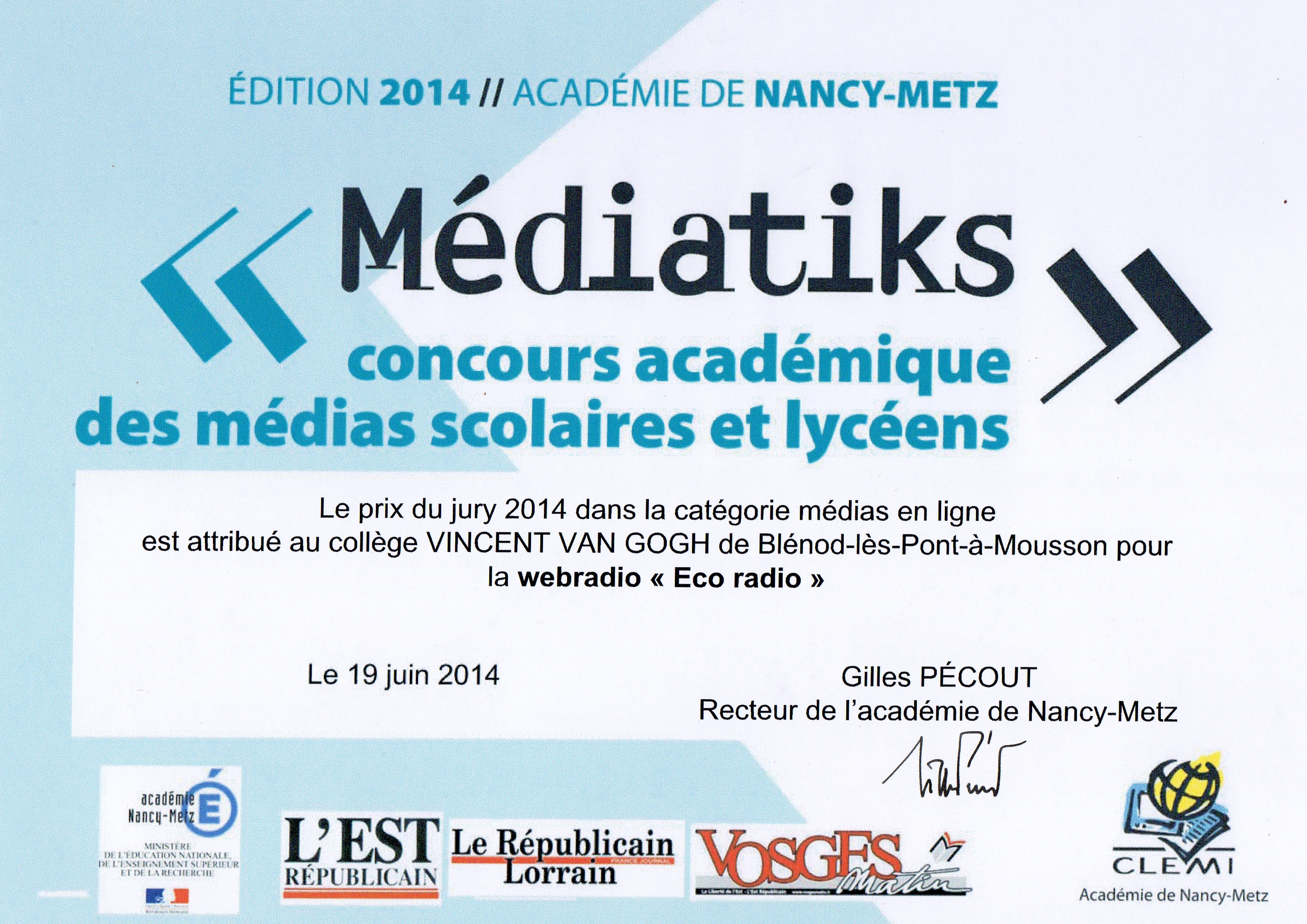 Diplôme du prix du médias en ligne du concours Médiatiks 2014 qui récompense le travail d'une centaine d'élèves