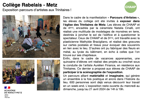 Collège Rabelais de Metz – Exposition des travaux des élèves aux Trinitaires