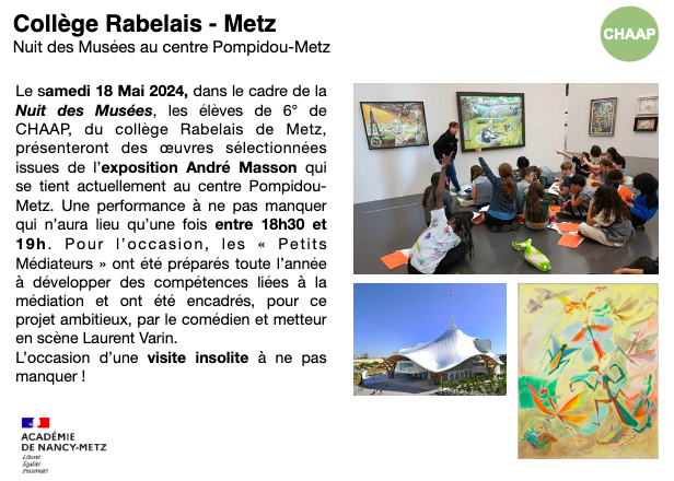 Les petits médiateurs de la Classe CHAAP du  collège Rabelais de Metz pour la « Nuit des Musées ».