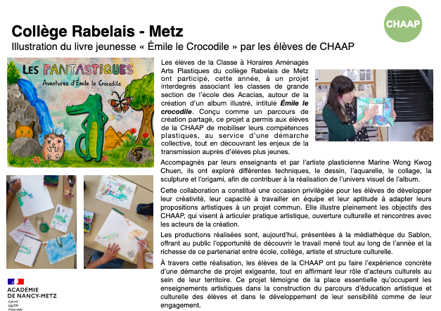 Illustration du livre jeunesse « Émile le Crocodile » par les élèves de CHAAP du collège rabelais de metz