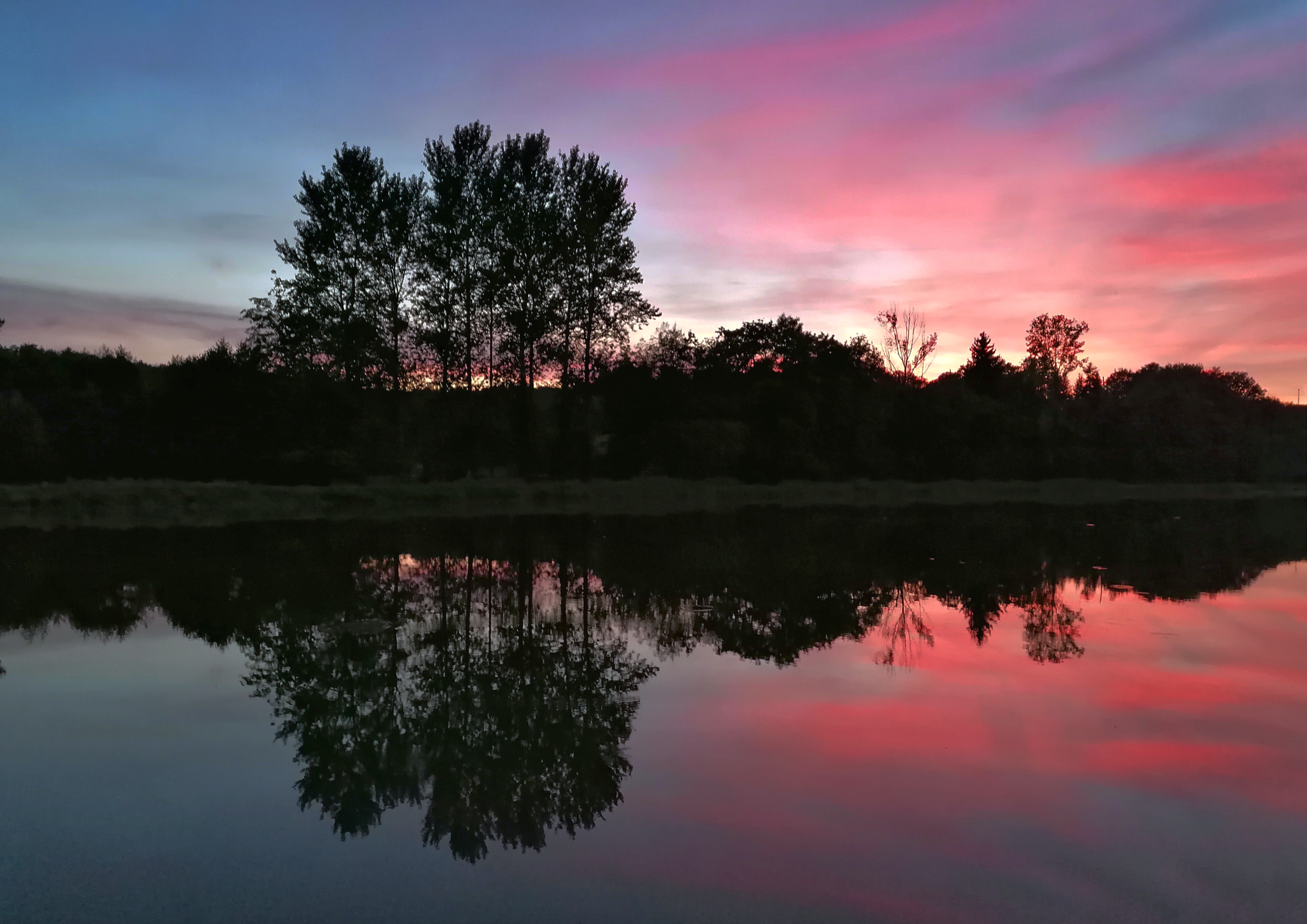 Chaque soir, cet étang me laisse rêveuse. Mon esprit s’évade vers un univers mystérieux où les arbres prennent vie grâce aux reflets de ce miroir naturel.