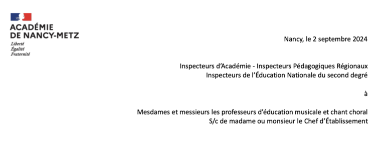 Lettre de rentrée en éducation musicale et chant choral