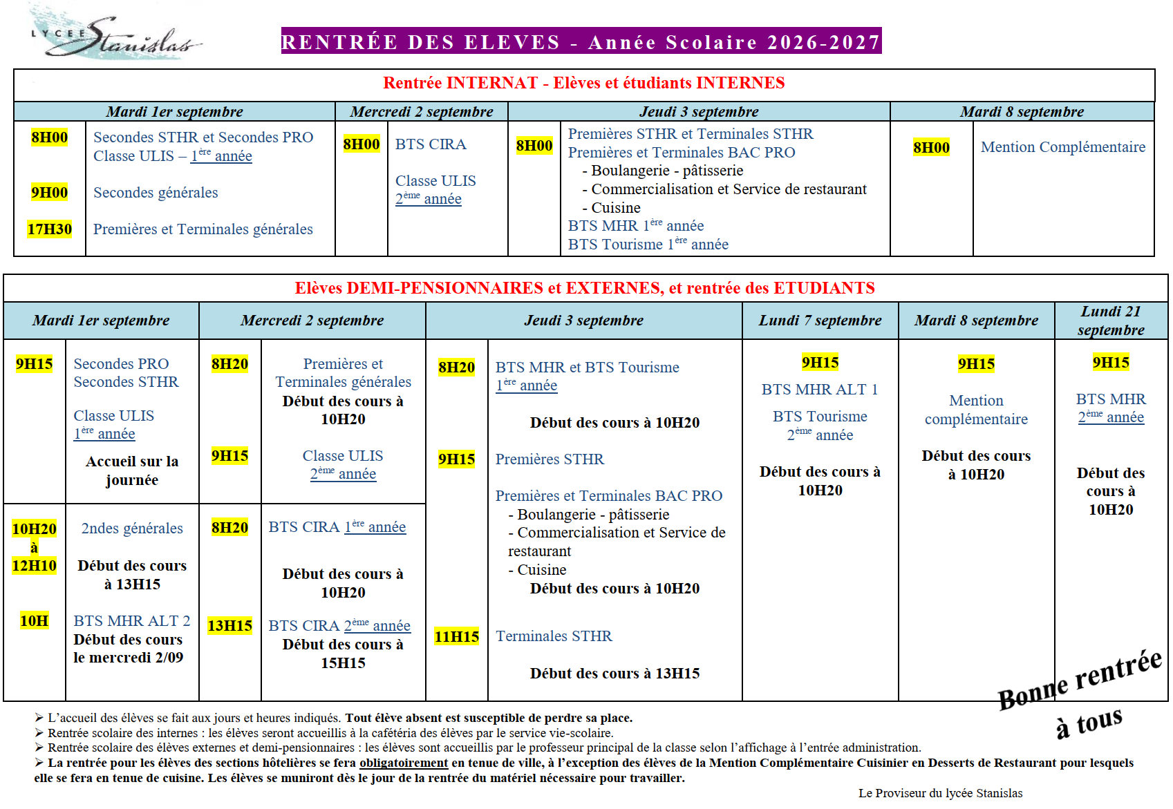 Calendrier de rentrée 2026